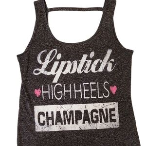 Womens Tank Top Shirt XS Cut Out Lipstick High Heels Champagne Pink Hearts